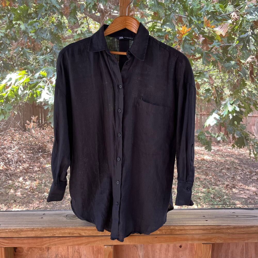 Zara Women's Black 100% Linen Oversized Button Down Shirt Size XS